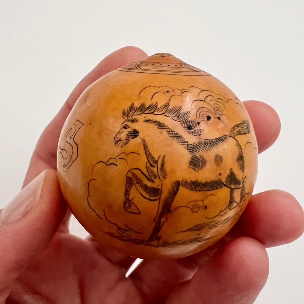 Antique lanzou carved etched gourd Chinese Zodiac year of horse folk art